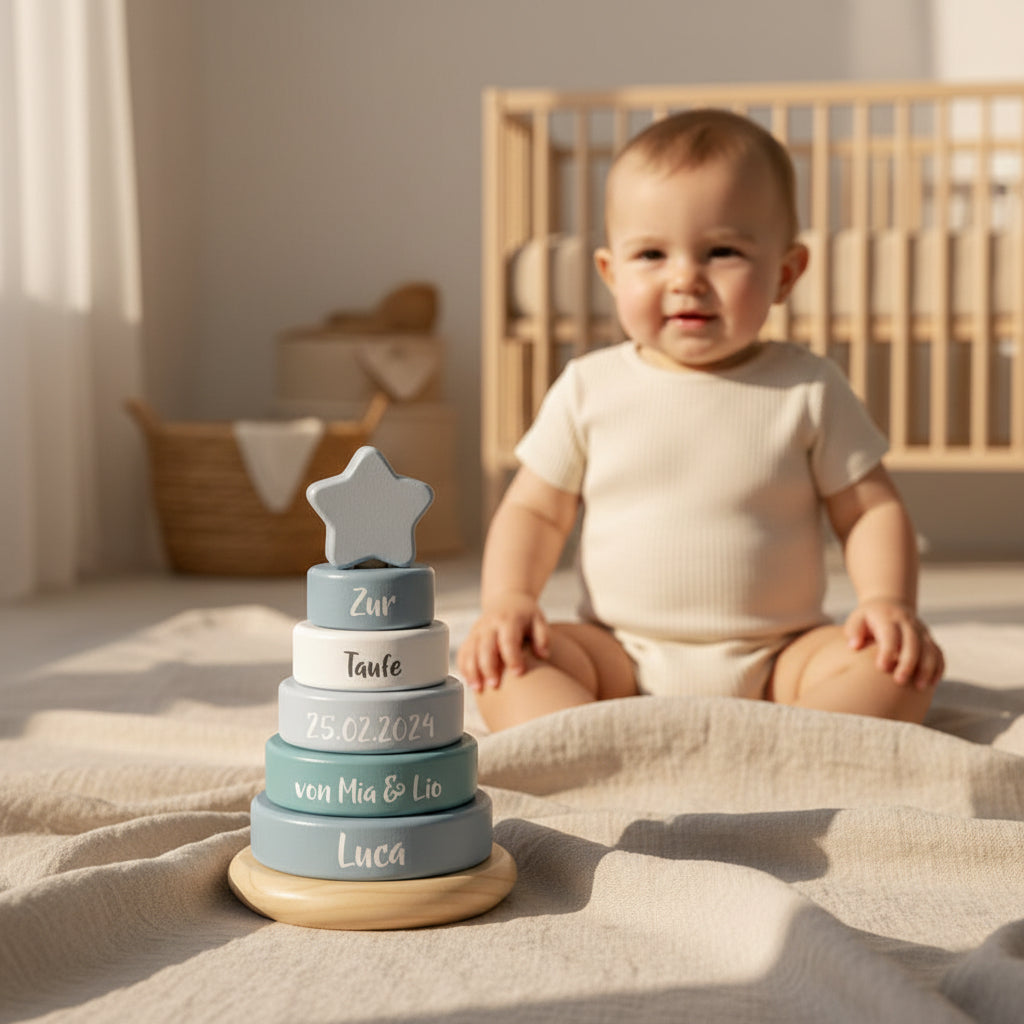 Personalisierter Stapelturm blau - Zur Taufe | small foot by Schmatzepuffer