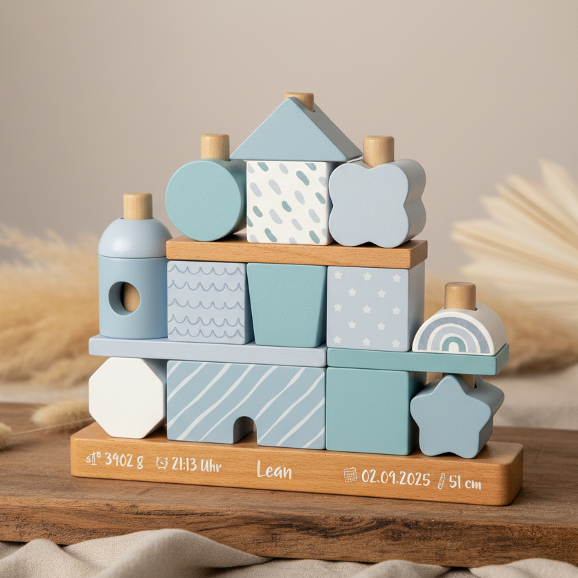 Personalisiertes Stapelhaus blau zur Geburt | small foot by Schmatzepuffer
