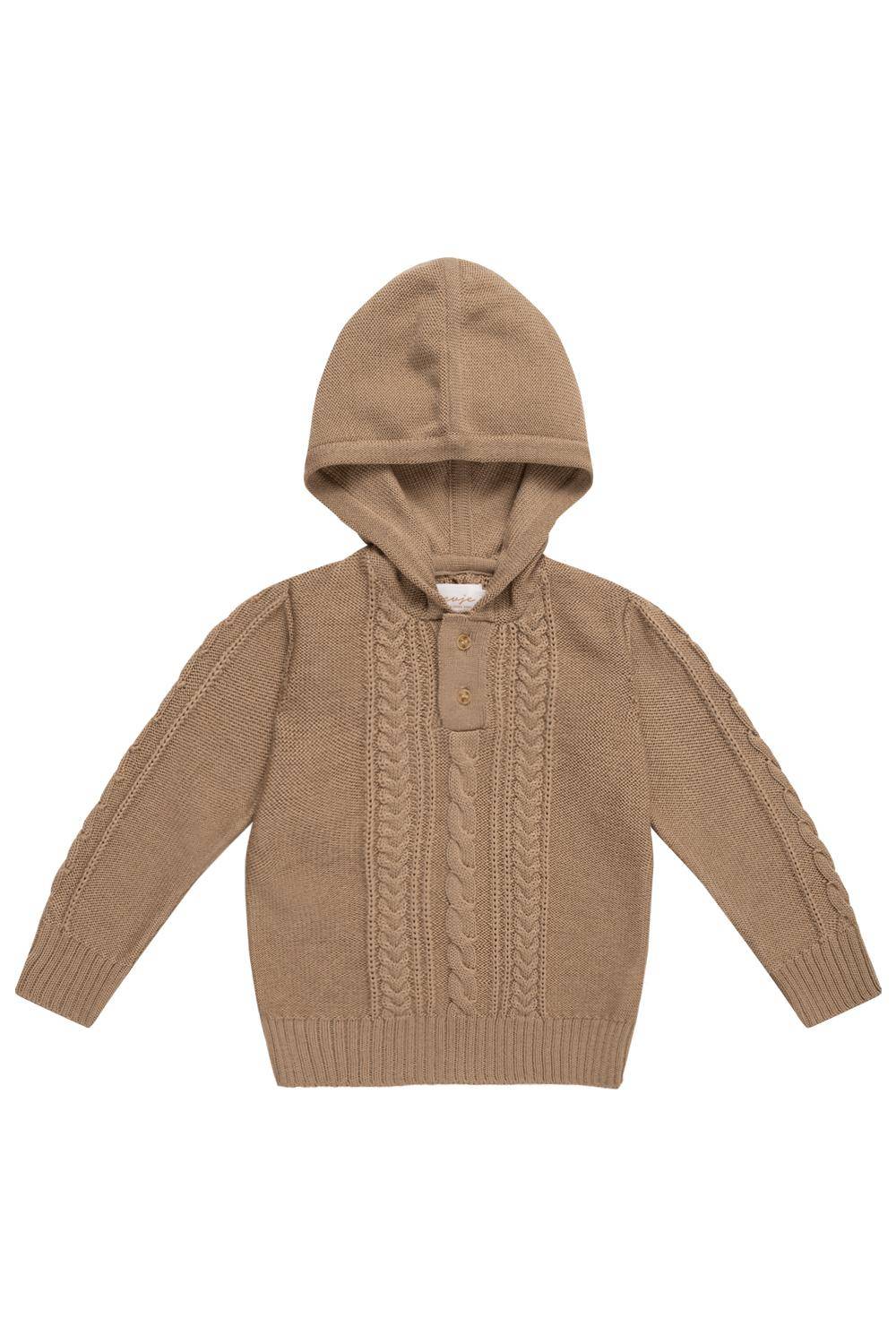 Hoodie gebreid "Walnut" beige maat 62-68 | Leevje