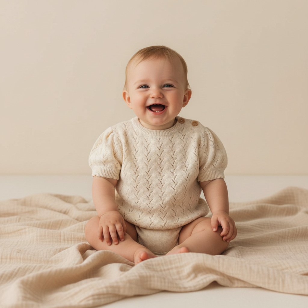 Knitted short-sleeved sweater cream | Little Dutch