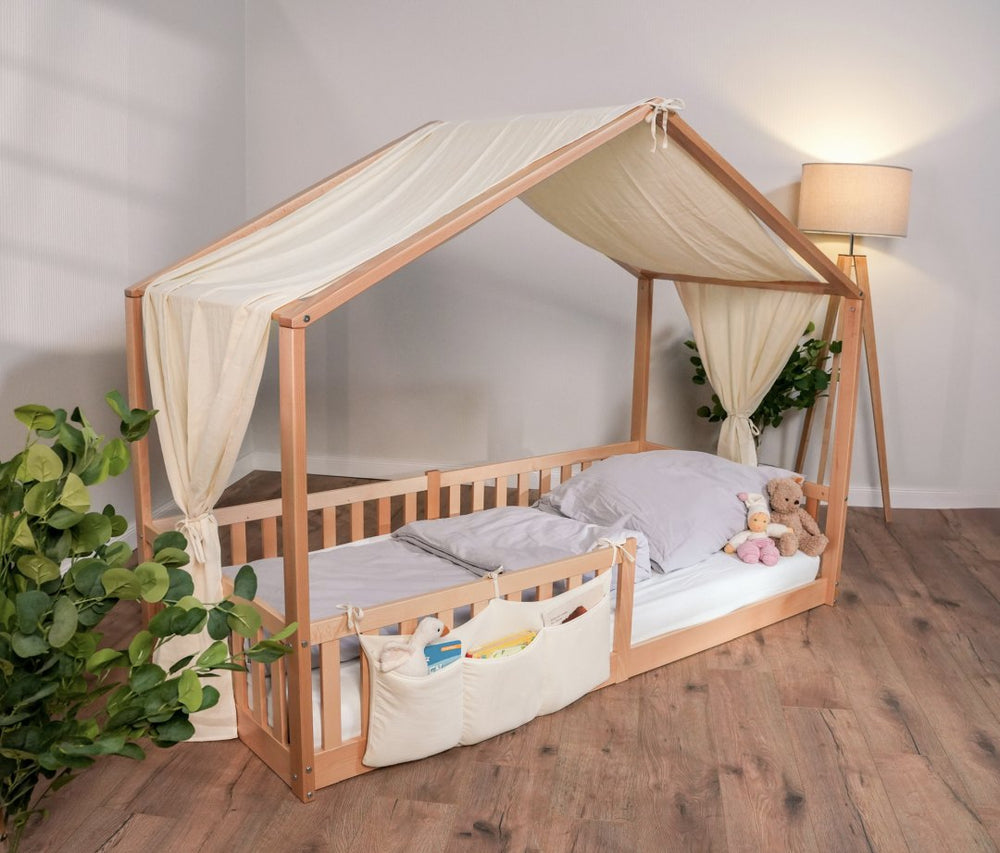 House bed in a natural look with fabric elements – cozy sleeping environment in the children's room