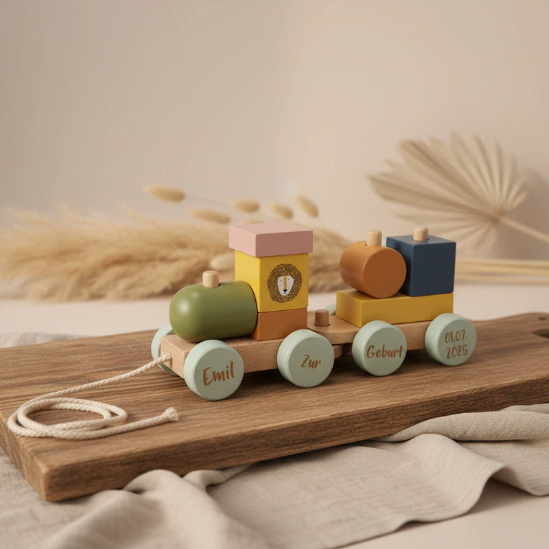 Personalisierter Holz-Zug Tier Eisenbahn – Geschenk zur Geburt
