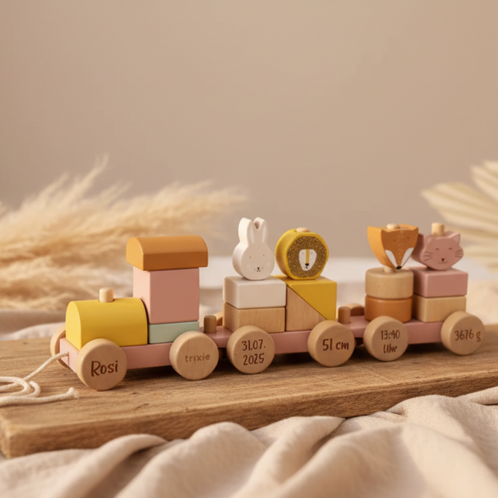 Holzeisenbahn mit Figuren – besonderes Geschenk zur Geburt für Mädchen