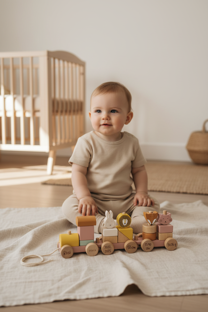 Holz-Zug Eisenbahn mit Tieren - Frau Katze - zur Geburt | Trixie
