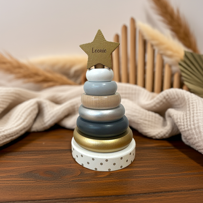 Stapelturm Holz Silber Gold | Motorikspielzeug für Babys