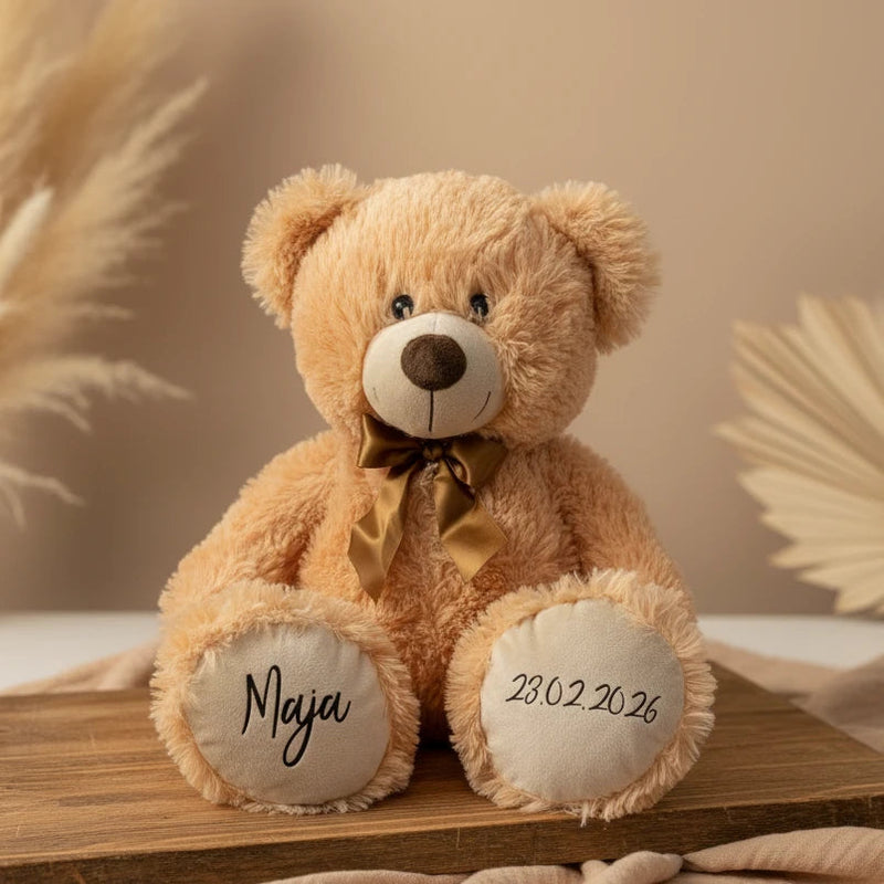 Personalisierter Teddybär in Apricot mit Name und Geburtsdatum – personalisiertes Babygeschenk