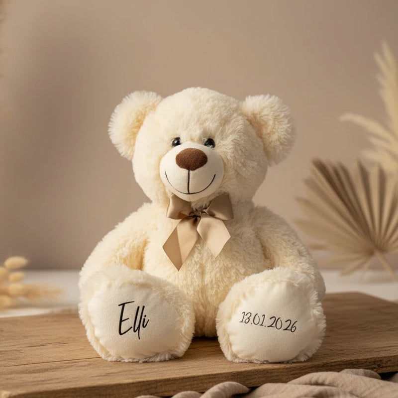 Personalisierter Teddybär in Weiß mit Name und Geburtsdatum – Kuscheltier zur Geburt