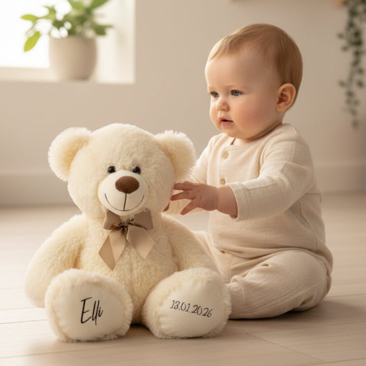 Personalisierter Teddybär 54cm Weiß mit Name & Geburtsdatum - Kuscheltier zur Geburt