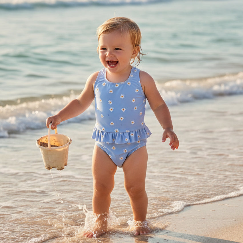 Swimsuit Flounces Daisies Blue | Little Dutch