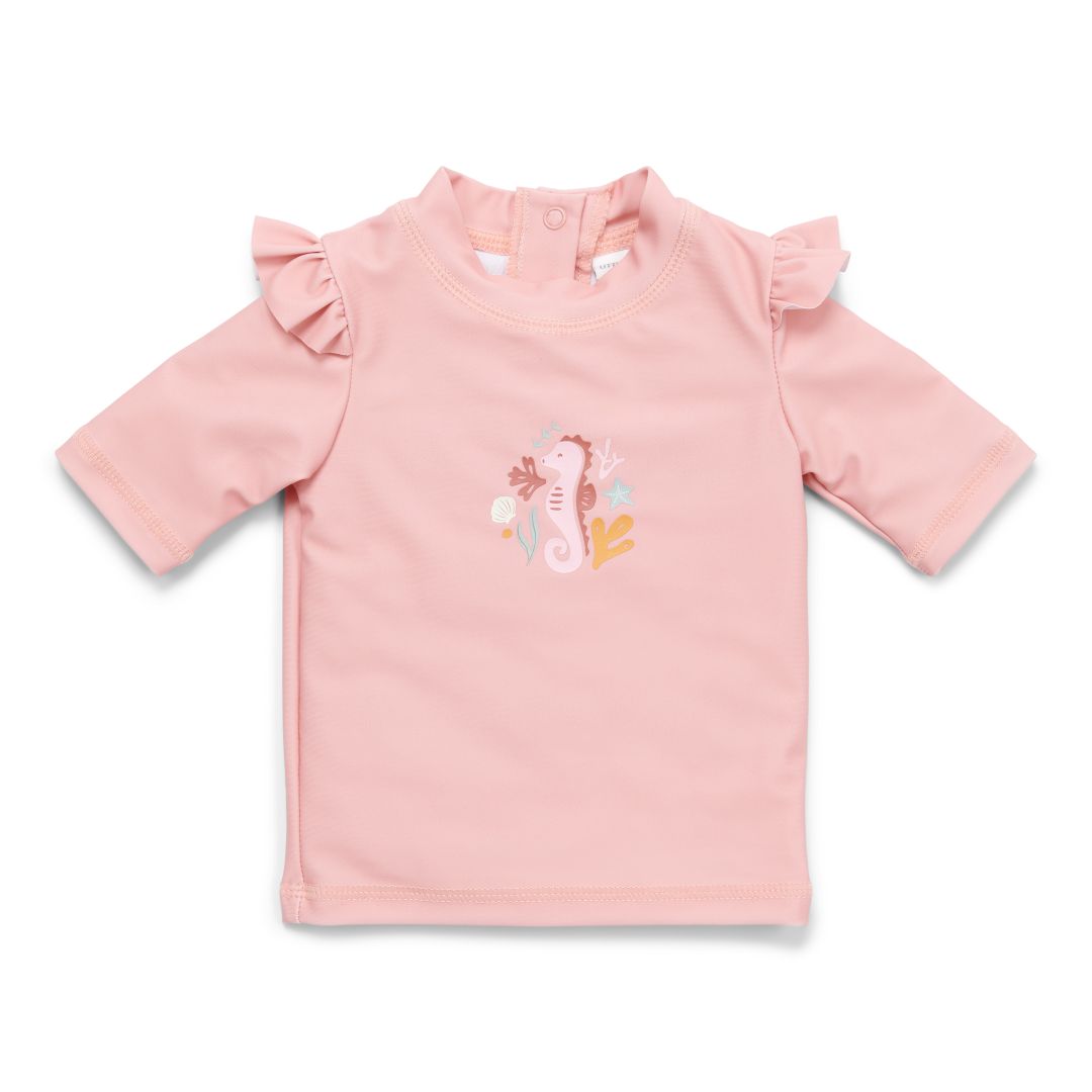 Zwemshirt met korte mouwen en ruches en print van zeepaardjesroze | Little Dutch