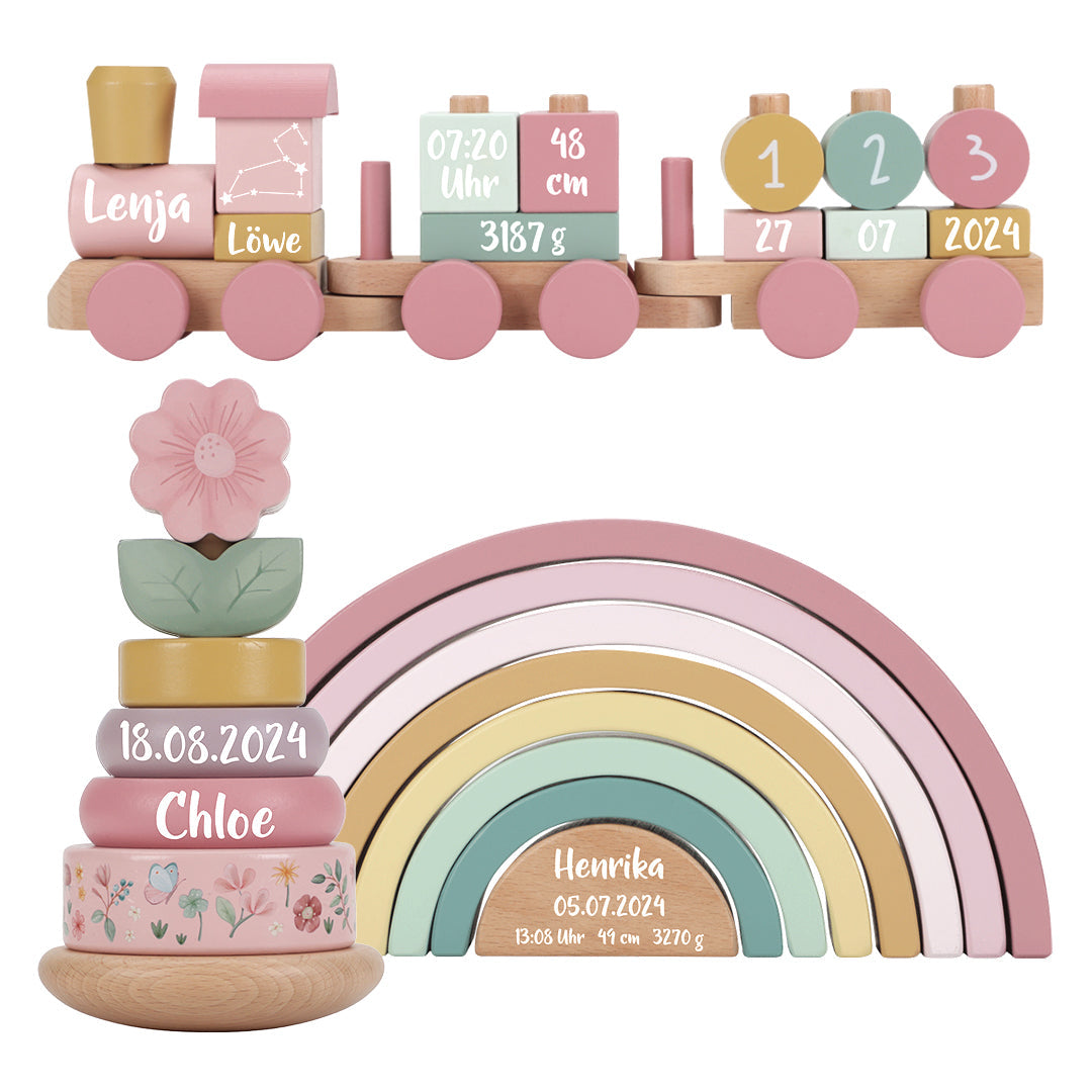 Geschenk-Set Holz-Zug Stapelturm Regenbogen Fairy Garden | Little Dutch