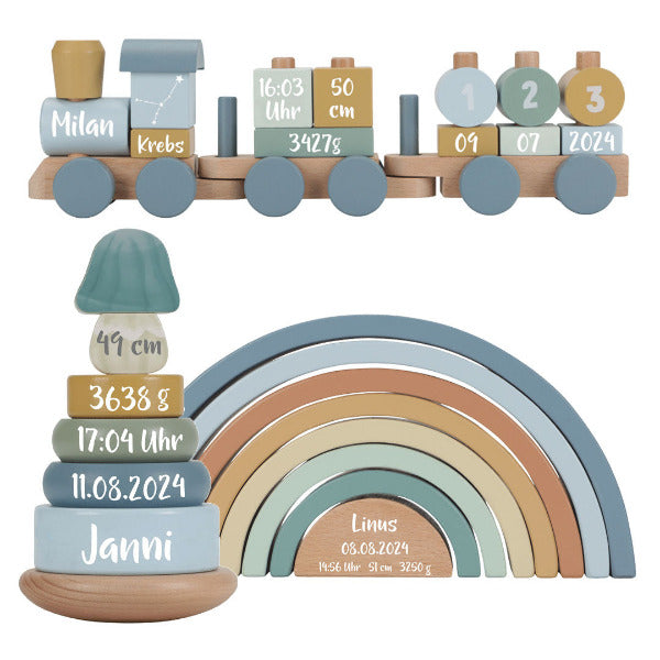 Geschenk-Set Holz-Zug Stapelturm Regenbogen Forest Friends | Little Dutch