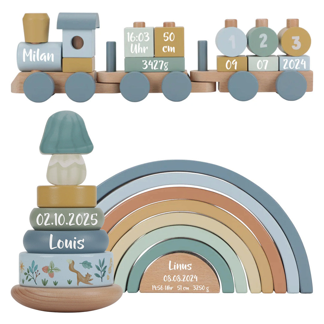 Geschenk-Set Holz-Zug Stapelturm Regenbogen Forest Friends | Little Dutch