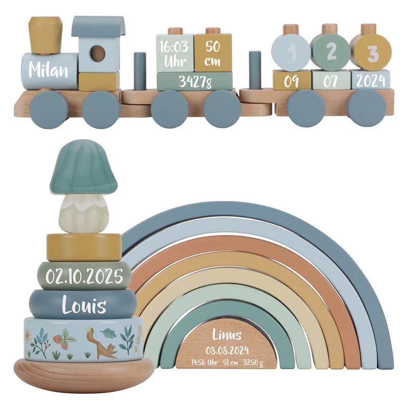 Personalisiertes Geschenk-Set Holz-Zug - Stapelturm - Regenbogen - Geschenk zur Geburt