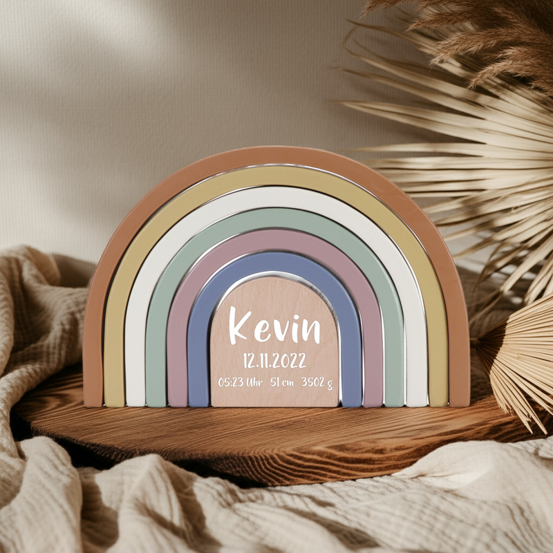 Stapelturm Regenbogen Vintage – Personalisiertes Geschenk zur Geburt
