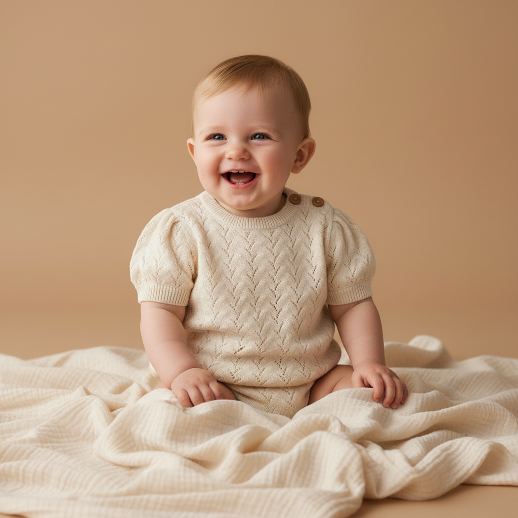 Knitted short-sleeved sweater cream | Little Dutch