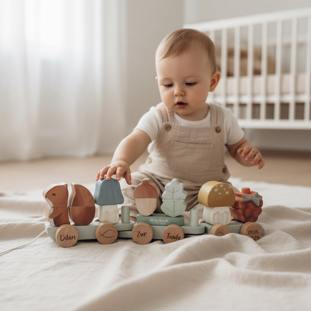 The Holz-Zug Eichhörnchen Forest Friends "Zur Taufe" by Little Dutch is a wooden pull-along train with forest-themed blocks—mushrooms, acorns, leaves, and nuts—in soft pastel and earth tones, featuring round plaques for names and dates.