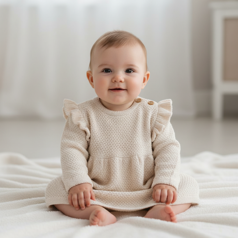 Gestricktes Kleid langarm Rüschen Sand | Little Dutch