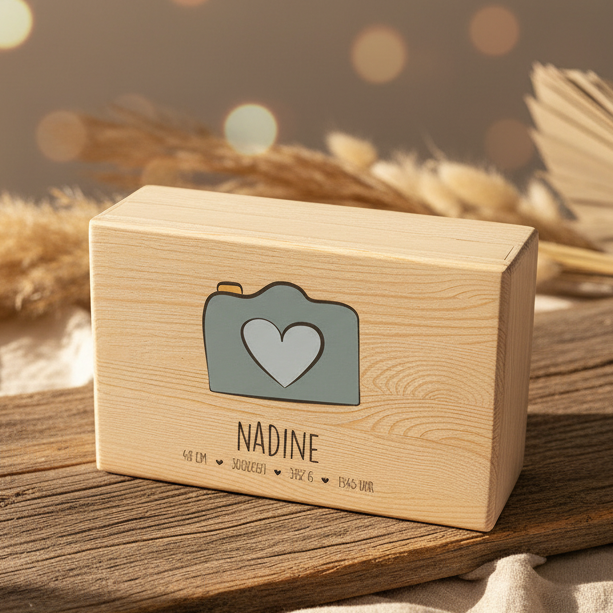 Erinnerungsbox - Naturholz - Zur Geburt personalisiert | Schmatzepuffer
