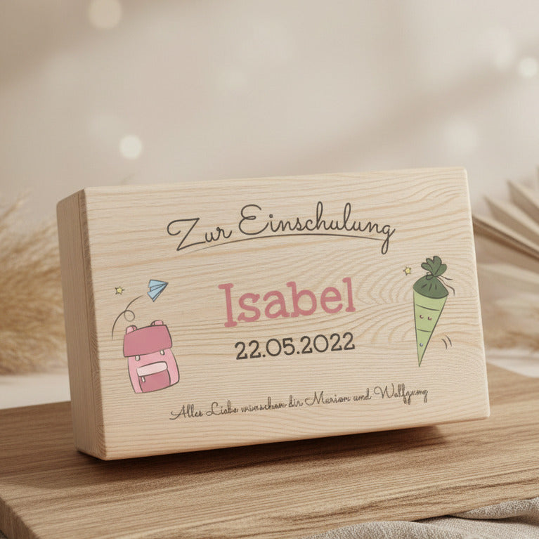 Erinnerungsbox - Naturholz - Zur Einschulung personalisiert | Schmatzepuffer