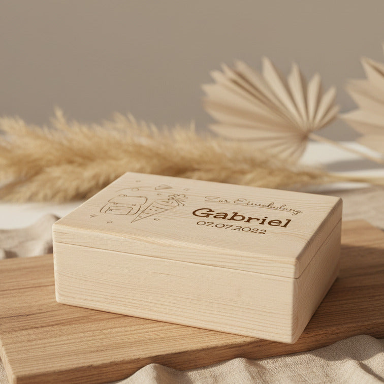 Erinnerungsbox - Naturholz - Zur Einschulung personalisiert | Schmatzepuffer