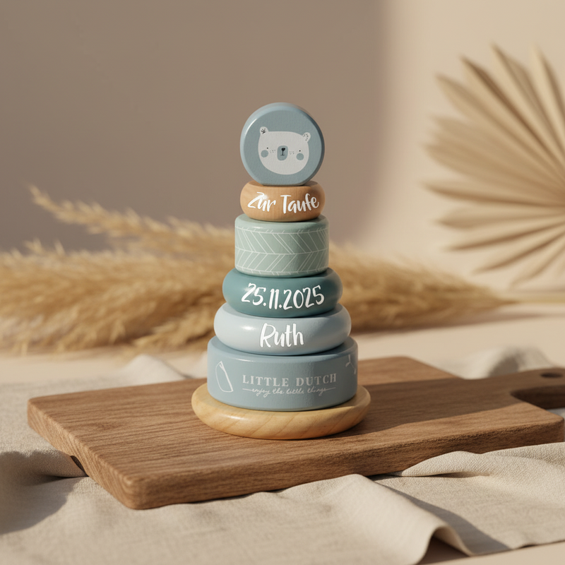 Personalisierter Stapelturm Adventure Blau – Geschenk zur Taufe | Schmatzepuffer