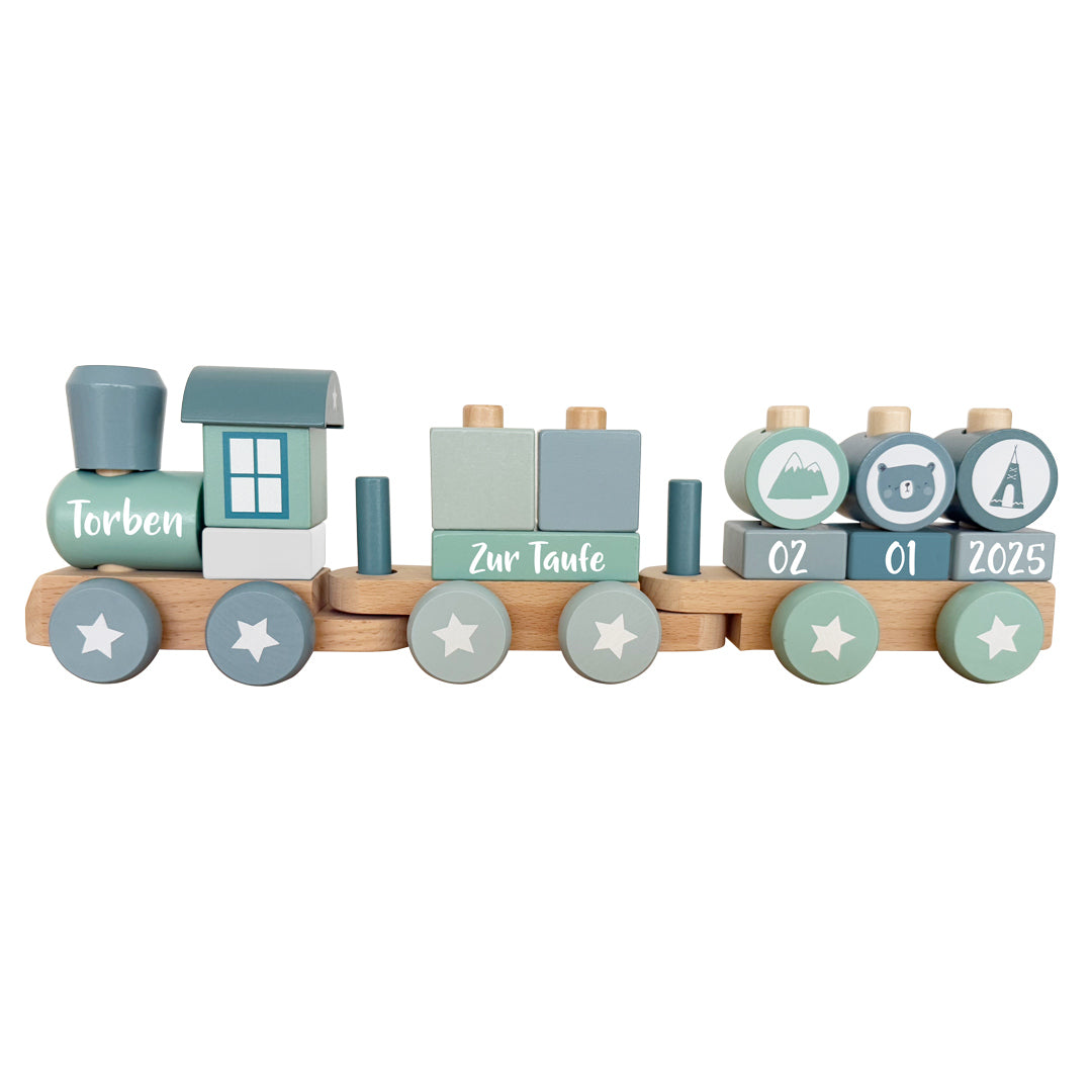 Holz-Zug Adventure Blau - Zur Geburt | Little Dutch