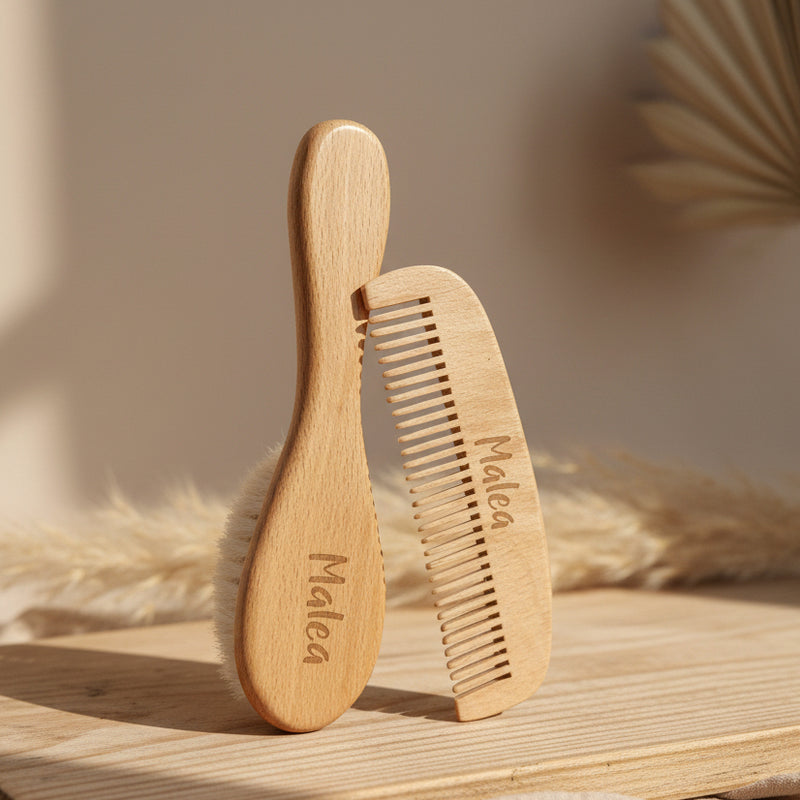 Kamm- und Bürstenset aus Holz für Babys - Personalisierbar mit Namen