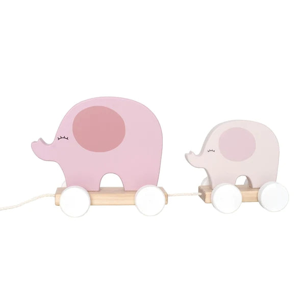 Pull-along wooden elephants, pink | JaBaDaBaDo