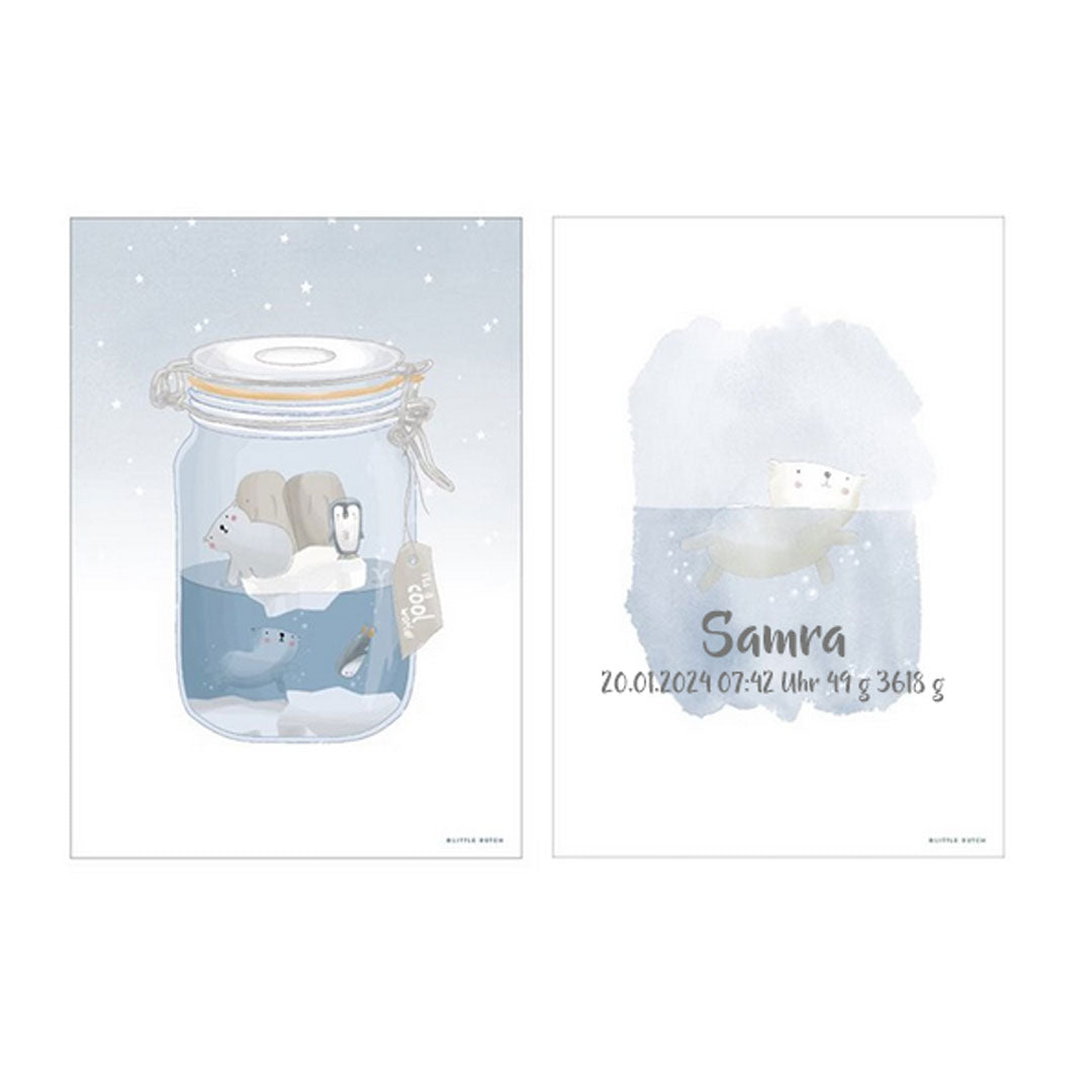 Poster A3 mini Polar Bär "beidseitig bedruckt" blau  | Little Dutch