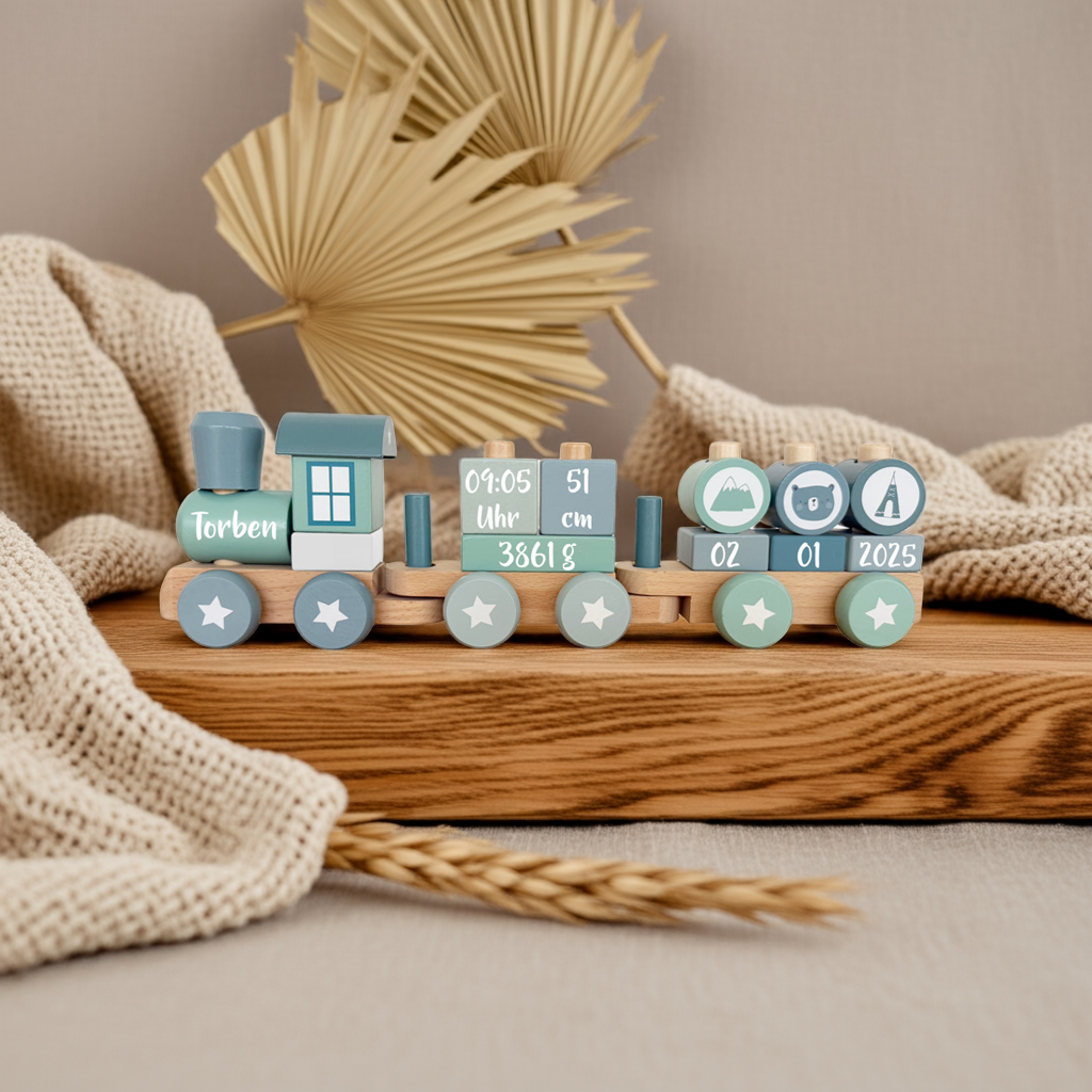 Holz-Zug Adventure Blau - Zur Geburt | Little Dutch