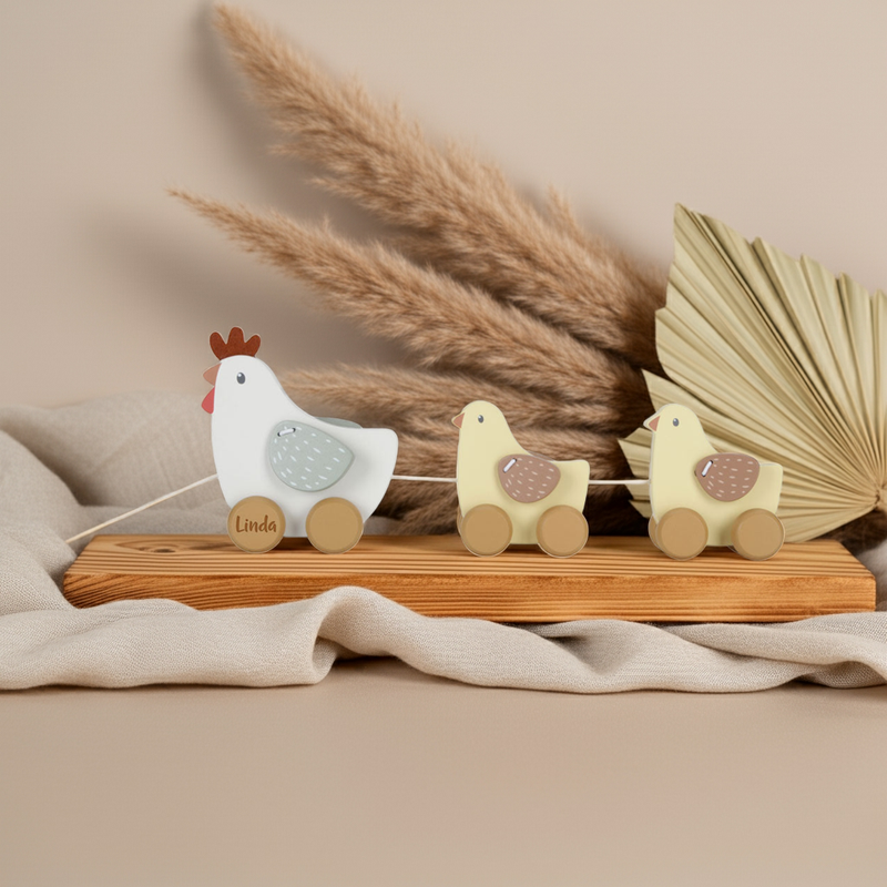 Wooden Pull-Along Chicken with Name – Personalized Pull Toy