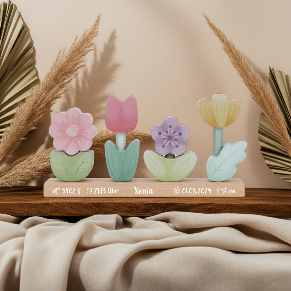 Stapelblumen aus Holz – liebevolles Geschenk zur Geburt für Mädchen