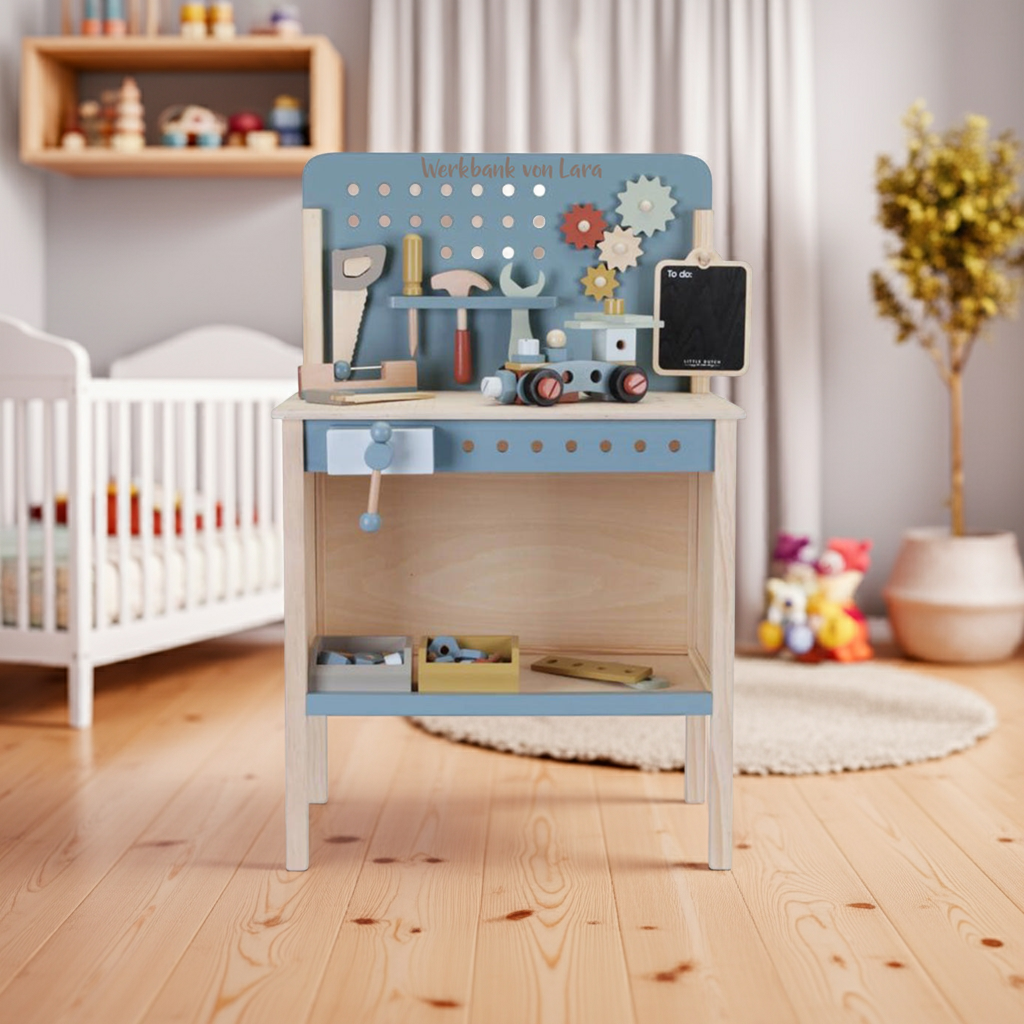 Workbench with laser engraving, blue wood | Little Dutch customizable
