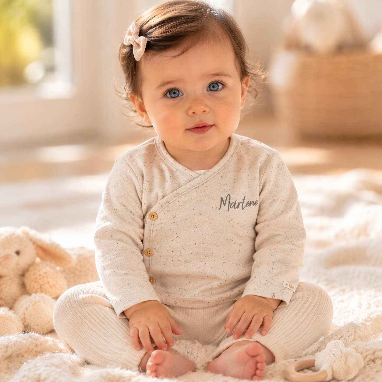 Personalisierter Baby Body mit Namen in Creme – individuelle Babybekleidung als Geschenk zur Geburt oder Taufe