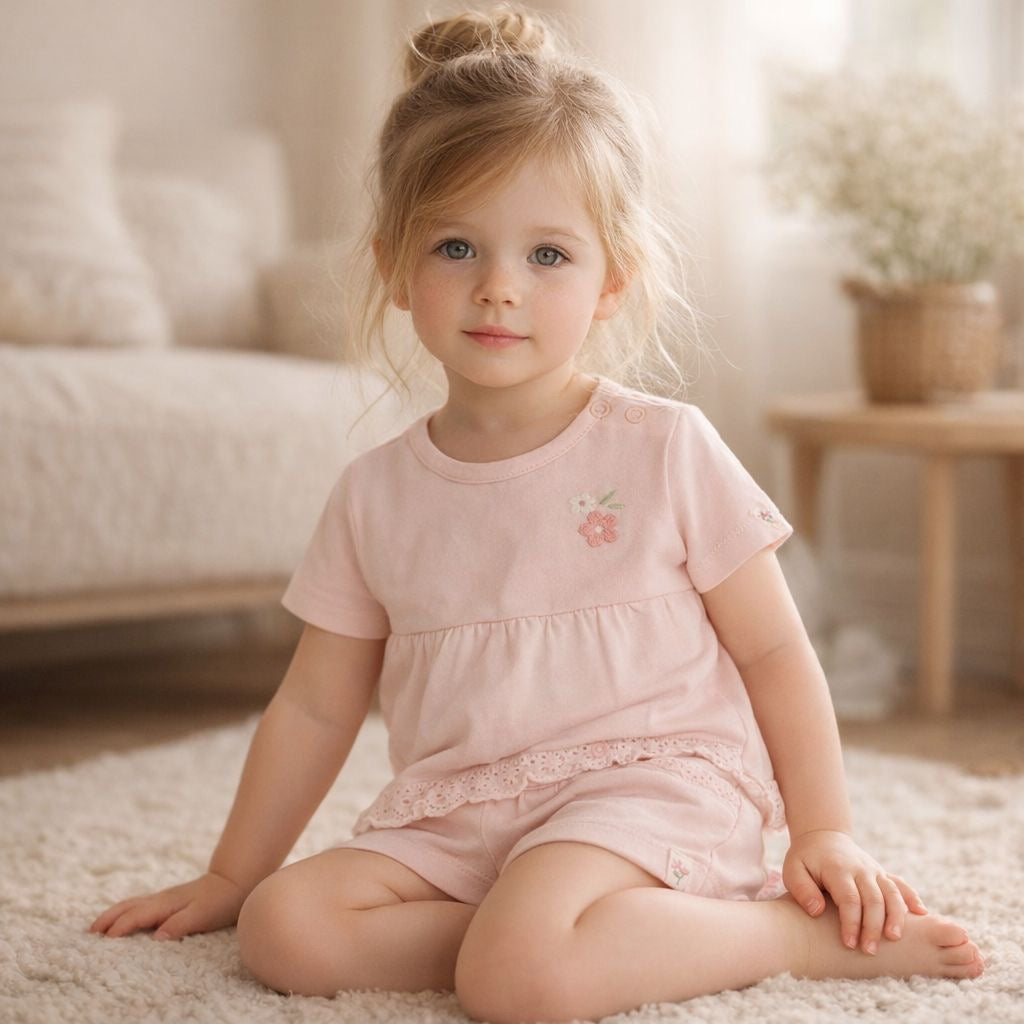 Baby Mädchen in rosafarbenem Set sitzt auf Teppich – hochwertige Kinderbekleidung in sanften Farben