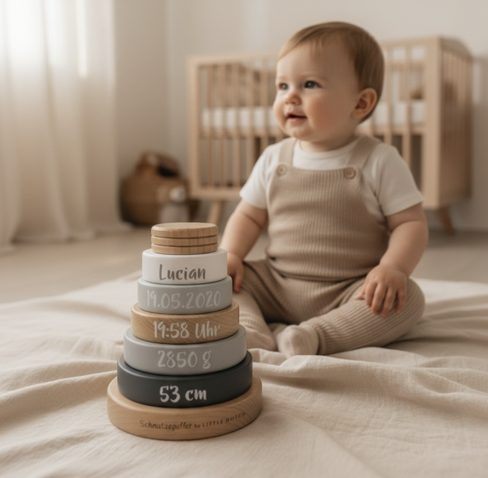 Baby sitzt im Kinderzimmer und spielt mit einem personalisierten Holz-Stapelturm der Schmatzepuffer-Edition, einem liebevoll gestalteten Babyspielzeug mit Namen und Geburtsdaten als besonderes Geschenk zur Geburt.