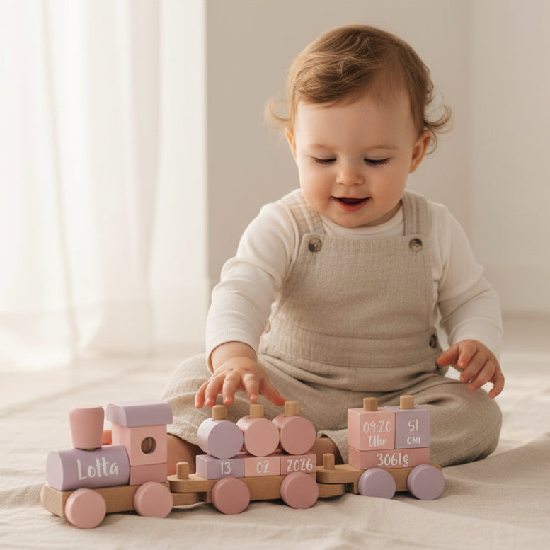 Baby spielt mit einem personalisierten Holzzug in Rosa mit Name und Geburtsdaten als besonderes Geschenk zur Geburt von Schmatzepuffer