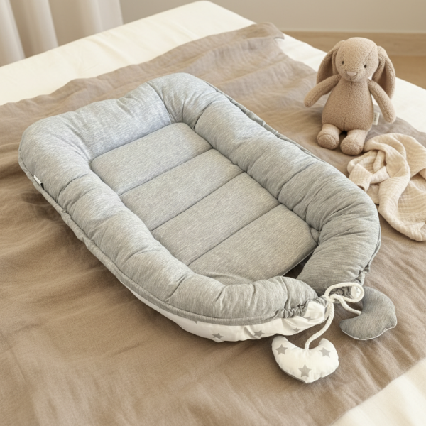 Babynest grau weiß mit Kuscheltier – hochwertiges personalisiertes Geschenk zur Geburt für Babys von Schmatzepuffer