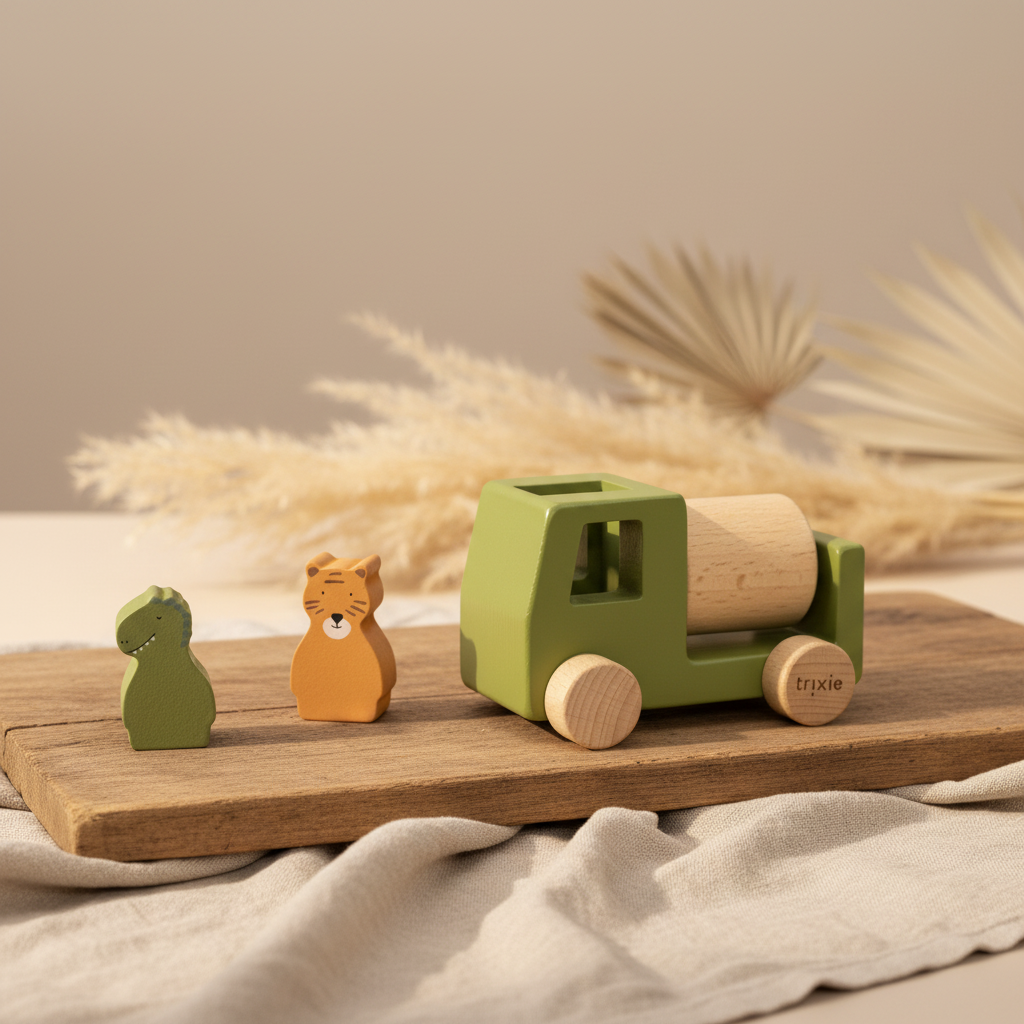 Wooden construction trailer set with animals | Trixie