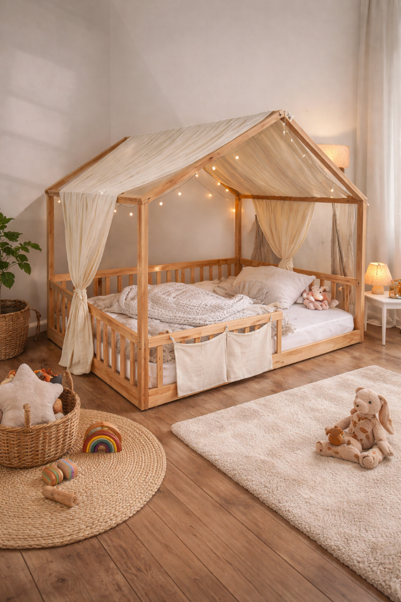 Hausbett Kinder Montessori Bodenbett aus Holz im gemütlichen Kinderzimmer
