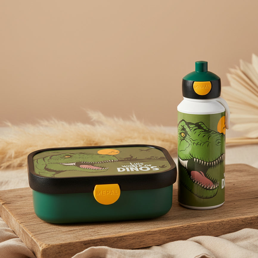Pausenset Dinosaurier, Brotdose und Pop-Up Flasche | Mepal