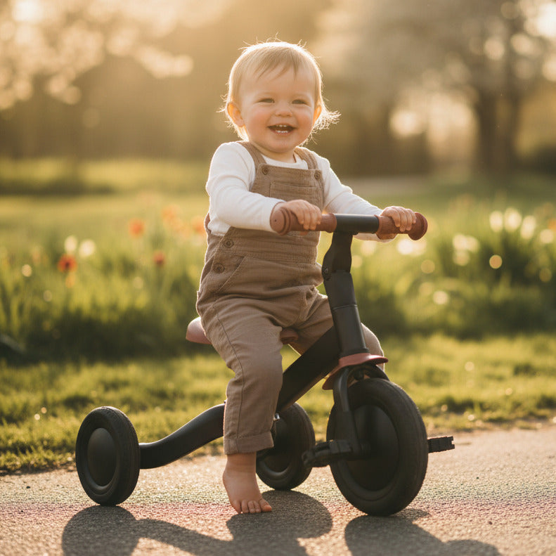 Kind sitzt auf einem schwarzen 4 in 1 Dreirad im Freien und lernt spielerisch Balance und Motorik ab 1 Jahr
