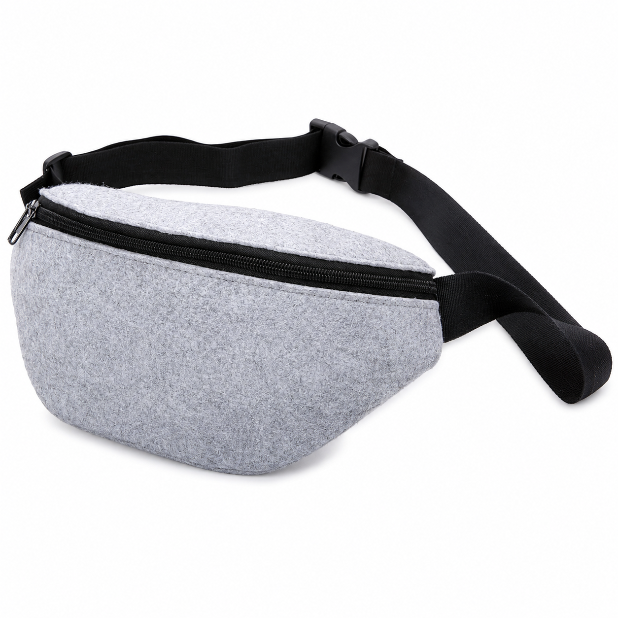 Filz Bauchtasche in Hellgrau mit verstellbarem Gurt und Reißverschluss – leichte Hüfttasche für Alltag, Reisen, Spaziergänge und Festivals.