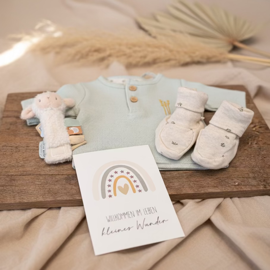 Frühchen Geschenkset mit mintfarbenem Babyshirt, weichen Babyschuhen, Rassel und Grußkarte „Kleines Wunder“ dekorativ auf Holzbrett mit beigem Stoffhintergrund