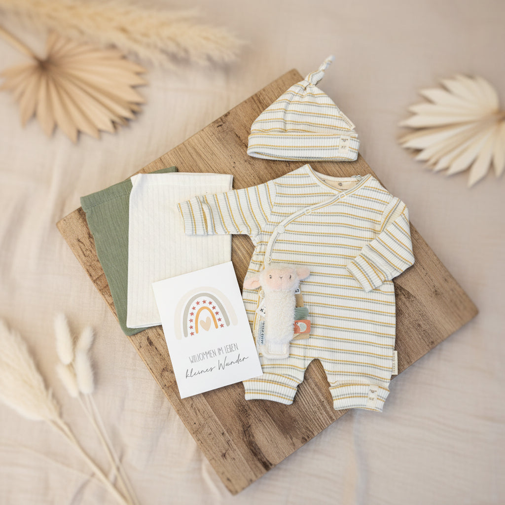 Harmonisch abgestimmtes Frühchen Baby Geschenkset mit Wickelstrampler, passender Mütze, weichen Tüchern und liebevoller Grußkarte in sanften Naturfarben, ideal als Geschenk zur Geburt eines kleinen Wunders