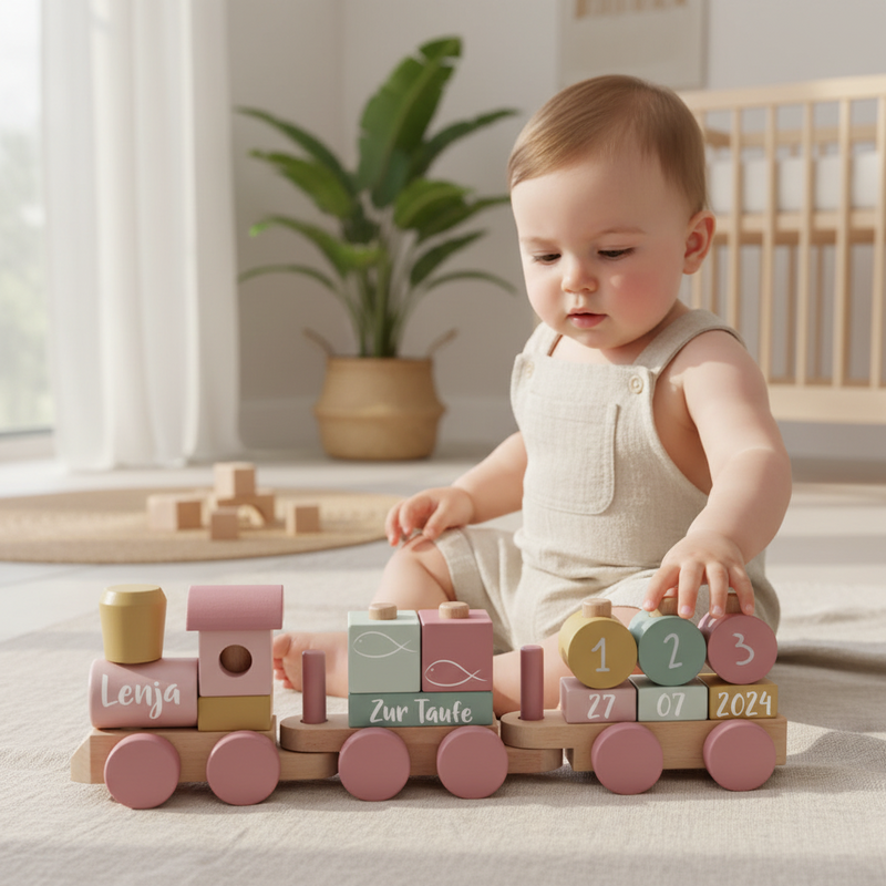 Personalisiertes Geschenk zur Taufe für Mädchen – Holzzug mit Name und Geburtsdatum als liebevolles Erinnerungsstück, präsentiert im Kinderzimmer mit Baby