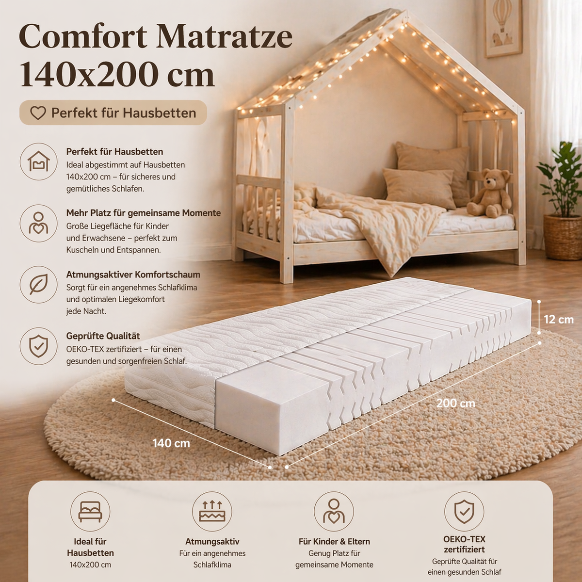 Mattress 140x200 for house bed children's room OEKO TEX comfort foam