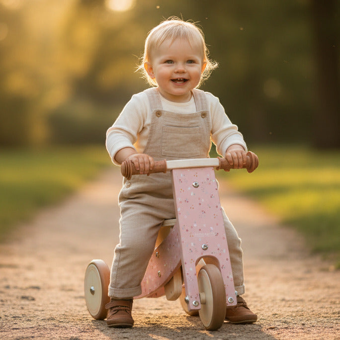 Kleinkind auf personalisiertem Laufrad aus Holz im Freien – hochwertiges Geschenk mit Namen
