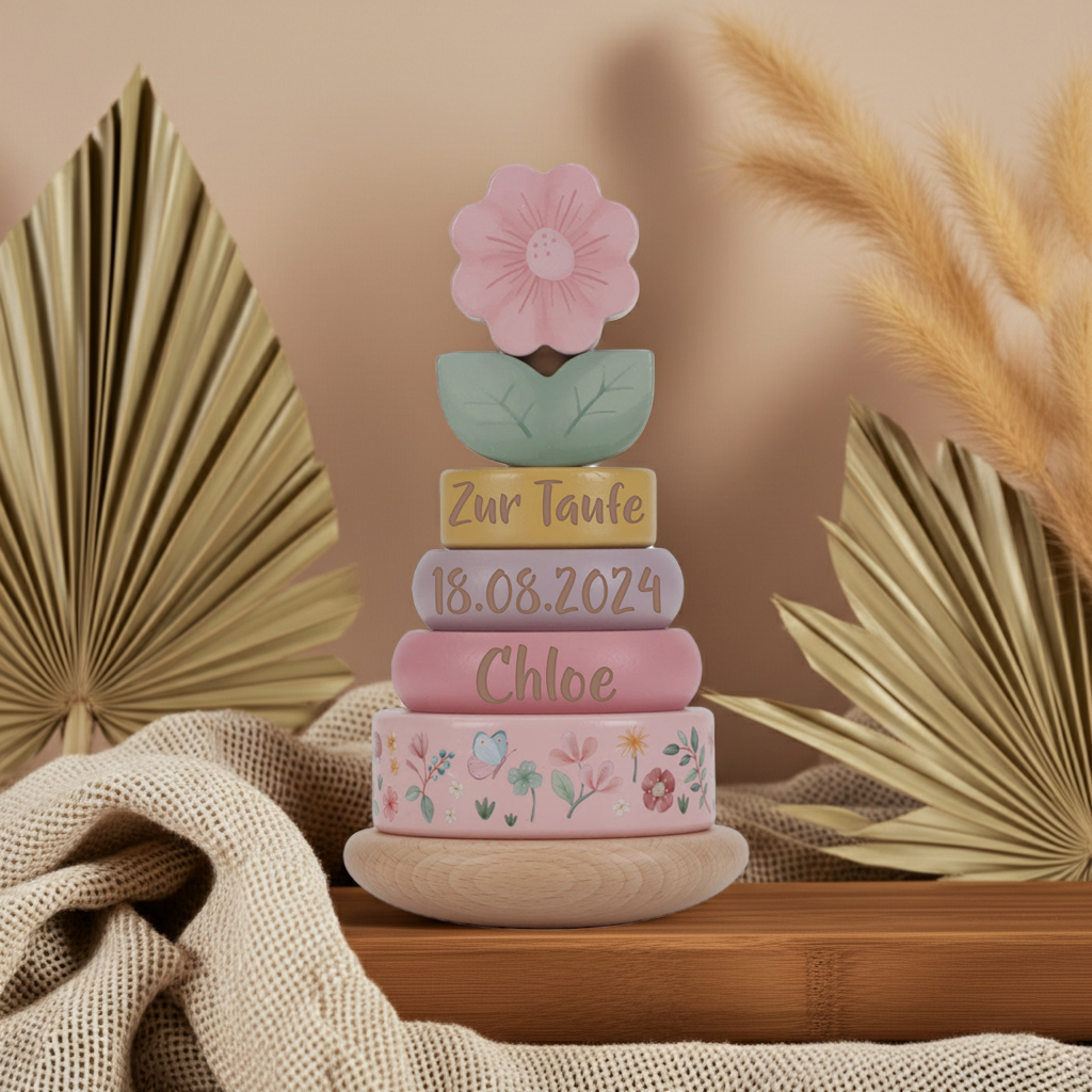 Personalisierter Holz-Stapelturm zur Taufe mit Lasergravur – Geschenk mit Name und Datum